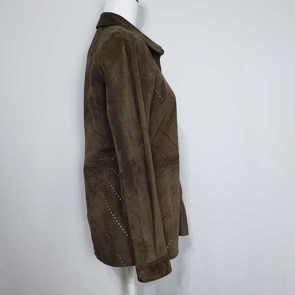 Ecru Perforated Suede Button Shirt in Taupe - Picture 3 of 7